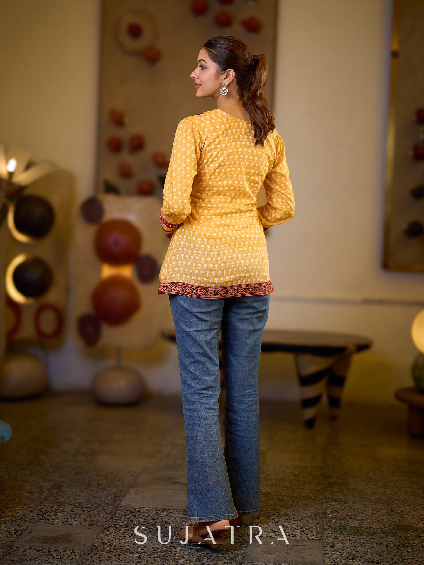 Graceful Yellow Floral Top with Mirror and Tassel Detailing