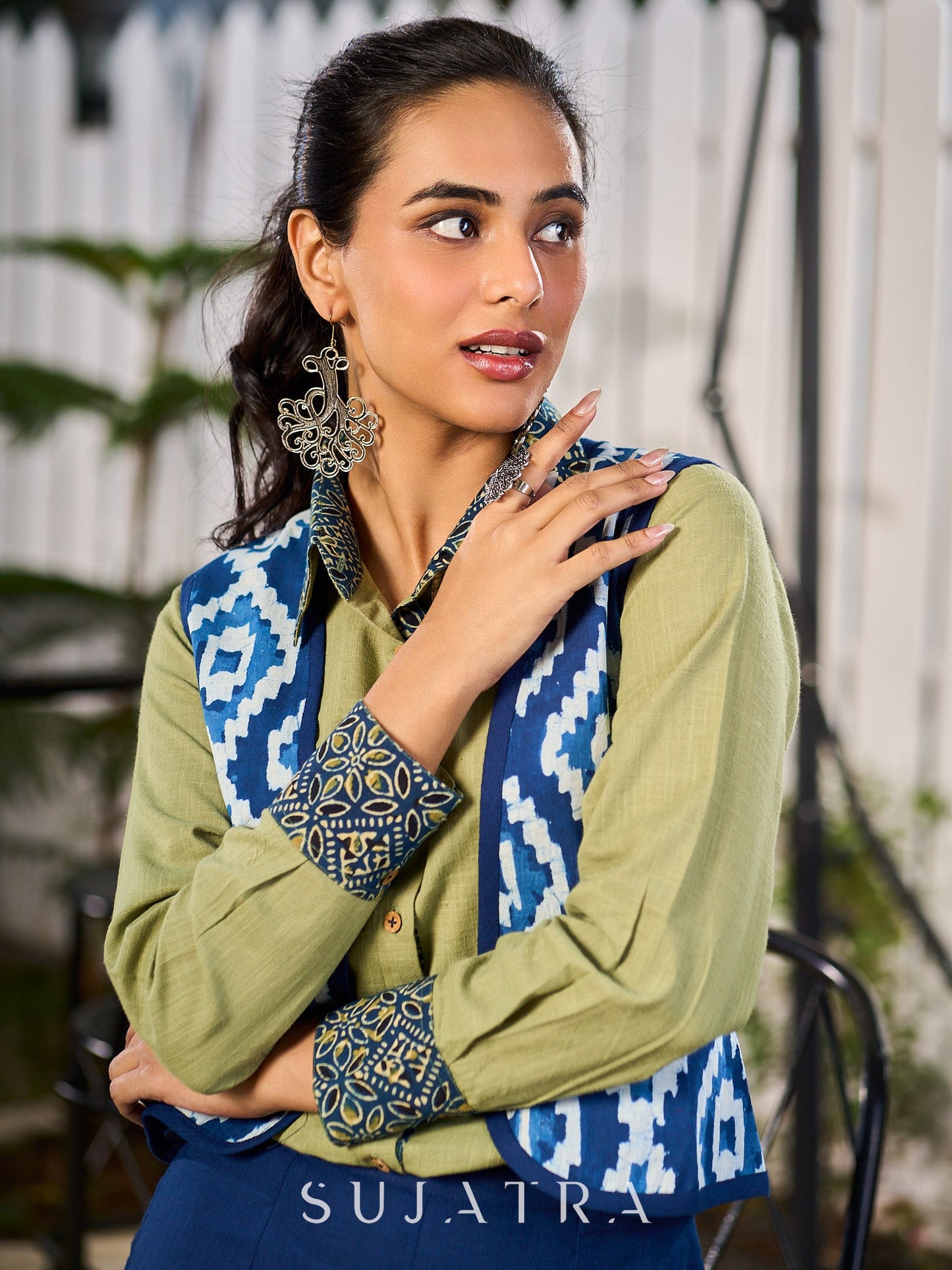 Sage Green Cotton Shirt Accented With Traditional Ajrakh Prints