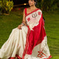 Timeworn Ivory Chanderi Saree with Red-Gold Border & Hand-Painted Pujo Special Pallu