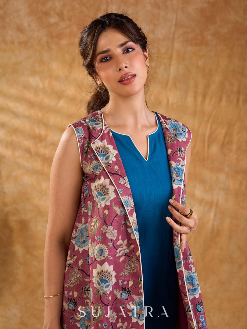 Antique Rose Botanical Floral Print Cotton Sleeveless Longline Jacket with Ivory Border