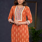 Stylish-Orange-Cotton-Ikat-Straight-Cut-Kurta-Highlighted-With-Hand-Painted-Yoke-&-Crochet-Lace--Pant-Optional