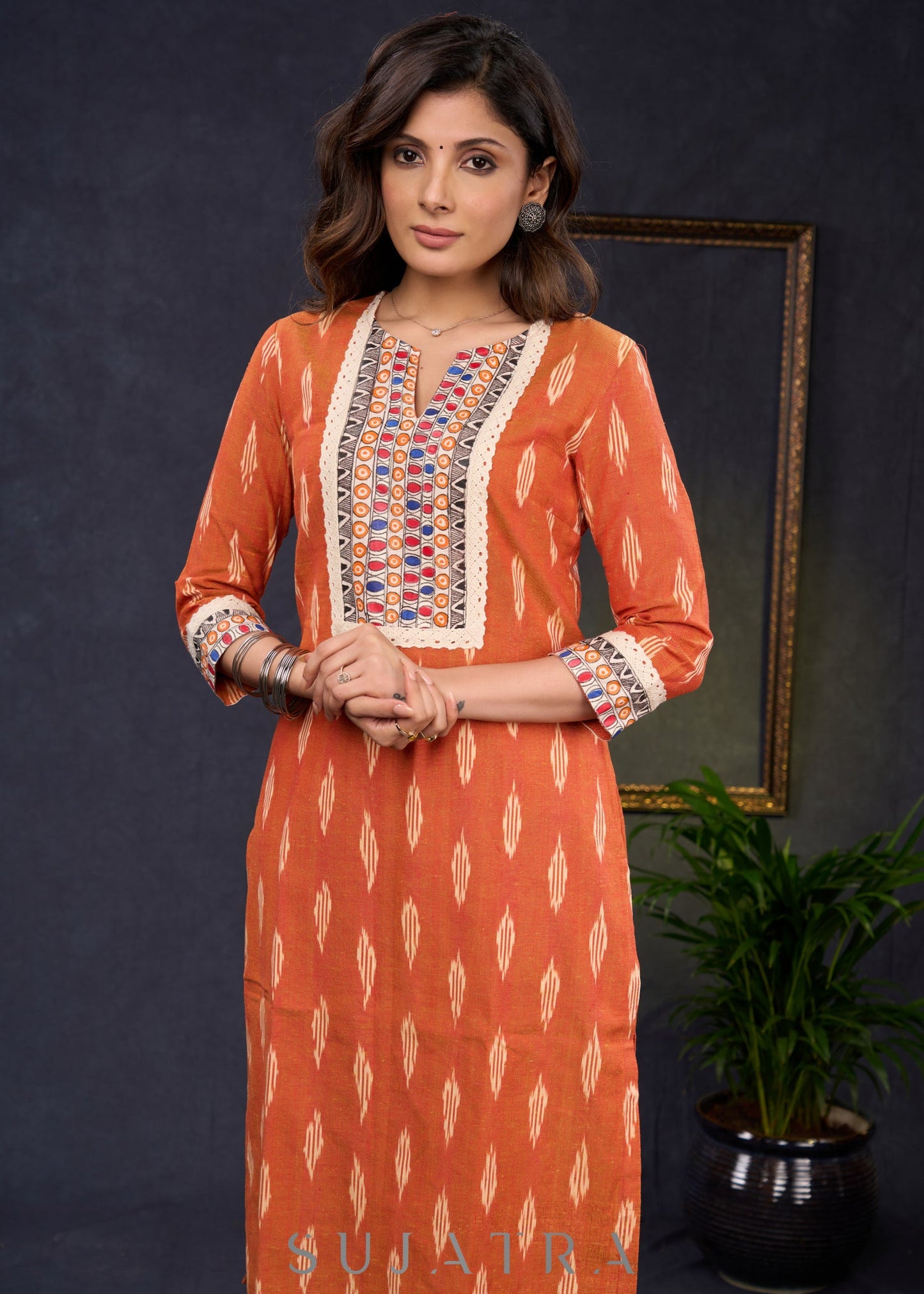 Stylish-Orange-Cotton-Ikat-Straight-Cut-Kurta-Highlighted-With-Hand-Painted-Yoke-&-Crochet-Lace--Pant-Optional