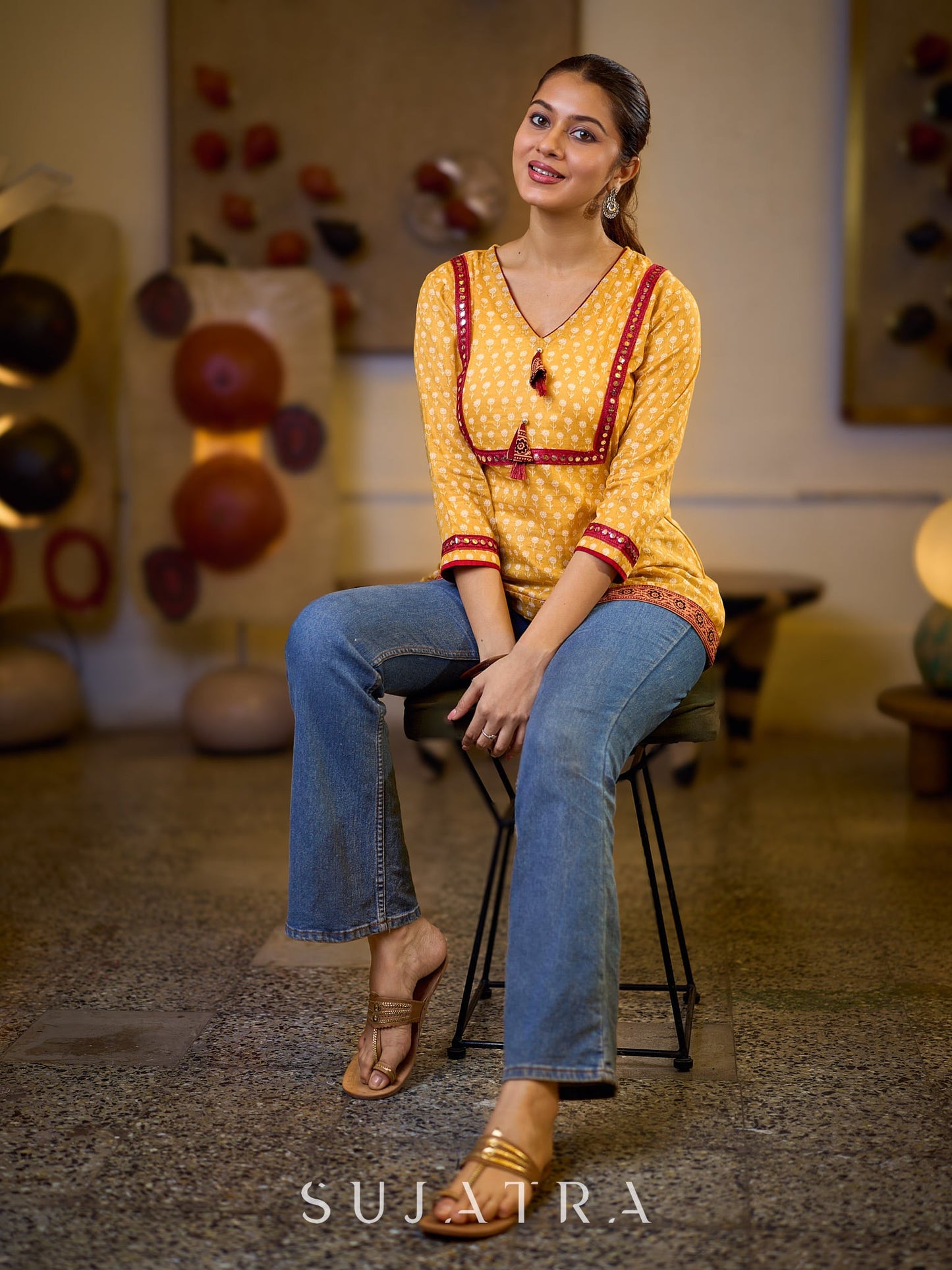 Graceful Yellow Floral Top with Mirror and Tassel Detailing