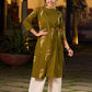 Contemporary Olive Green Cotton Hand Block Printed Overlapping Kurta with Floral Motifs
