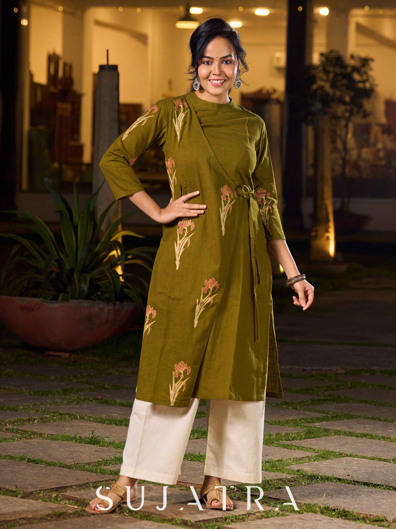 Contemporary Olive Green Cotton Hand Block Printed Overlapping Kurta with Floral Motifs