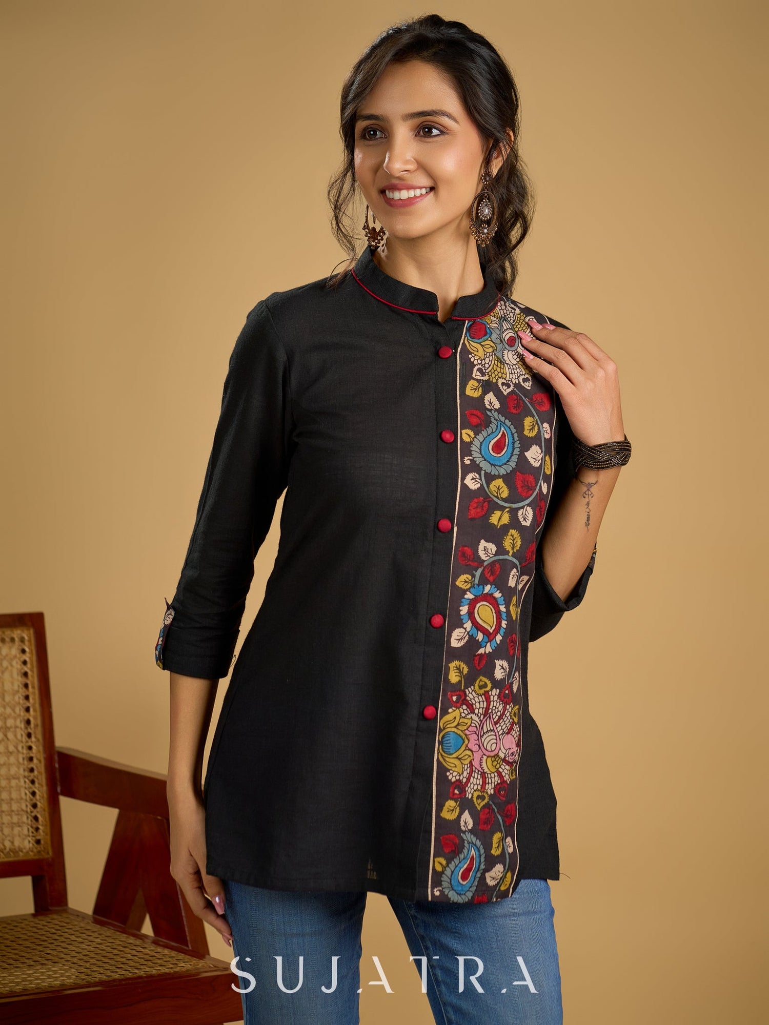 Traditional hand kalamkari designs on contrasting black cotton giving a  classic style - Pant optional