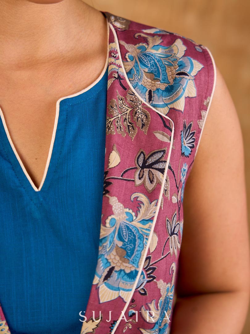 Antique Rose Botanical Floral Print Cotton Sleeveless Longline Jacket with Ivory Border