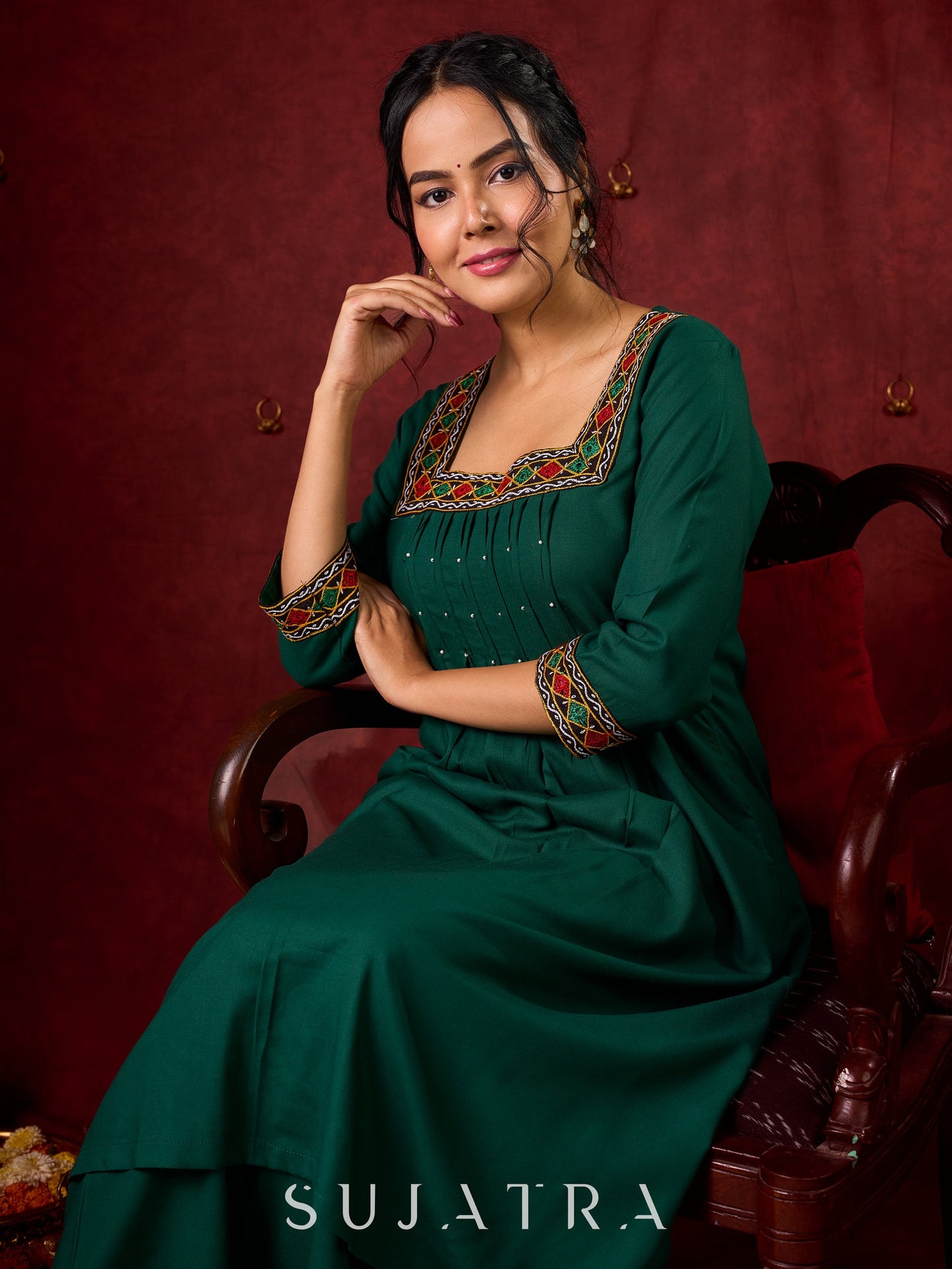 Elegant rayon kurta featuring tucks, square neck, and sparkling mirror detailing - Pant optional