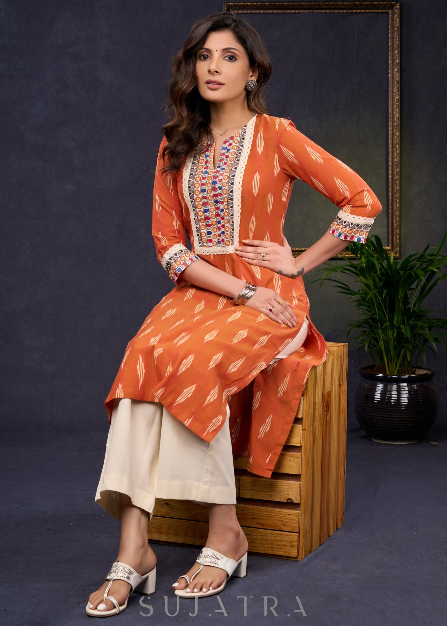 Stylish-Orange-Cotton-Ikat-Straight-Cut-Kurta-Highlighted-With-Hand-Painted-Yoke-&-Crochet-Lace--Pant-Optional