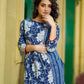Contemporary Indigo Kurta Featuring Floral & Stripe Panels, Maroon Highlights and Asymmetric Gathered Yoke