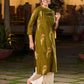 Contemporary Olive Green Cotton Hand Block Printed Overlapping Kurta with Floral Motifs