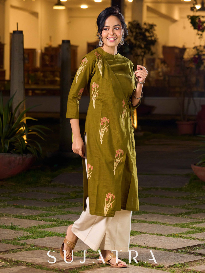 Contemporary Olive Green Cotton Hand Block Printed Overlapping Kurta with Floral Motifs