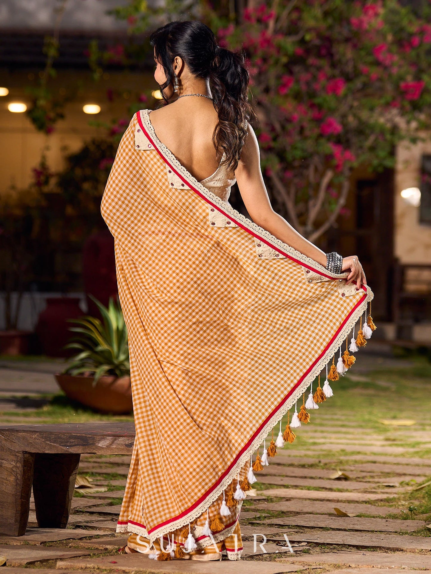 Handloom White & Mustard Checkered Cotton Saree with Delicate Crochet Border