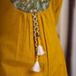 Vibrant Mustard Cotton Kurta with Olive Floral Print Yoke and Statement Tassel Embellishment