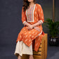 Stylish-Orange-Cotton-Ikat-Straight-Cut-Kurta-Highlighted-With-Hand-Painted-Yoke-&-Crochet-Lace--Pant-Optional
