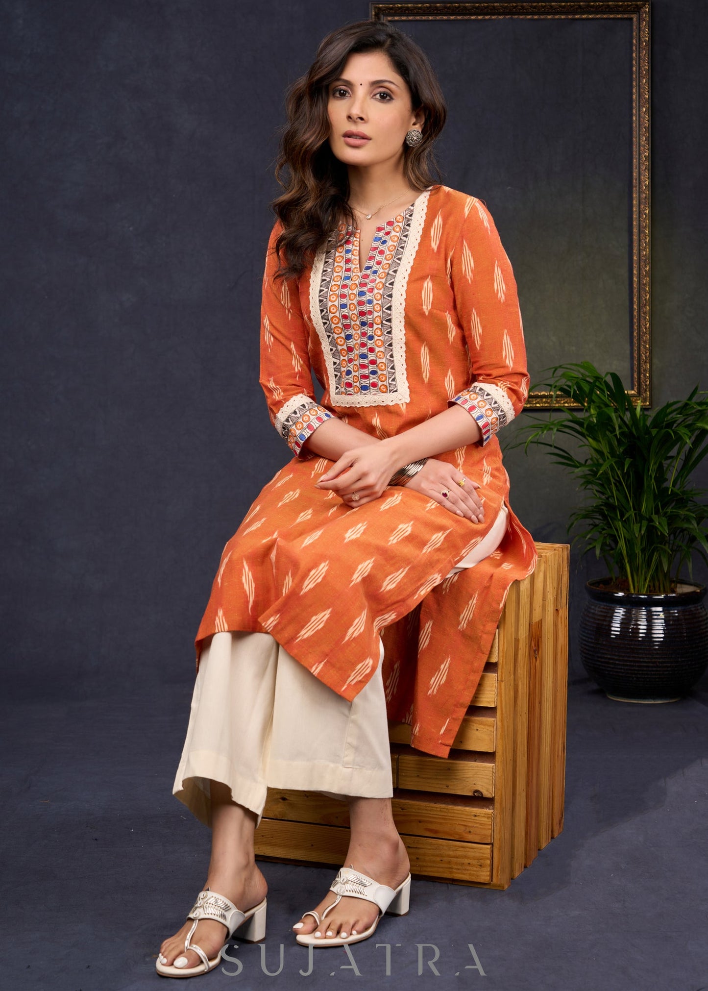 Stylish-Orange-Cotton-Ikat-Straight-Cut-Kurta-Highlighted-With-Hand-Painted-Yoke-&-Crochet-Lace--Pant-Optional
