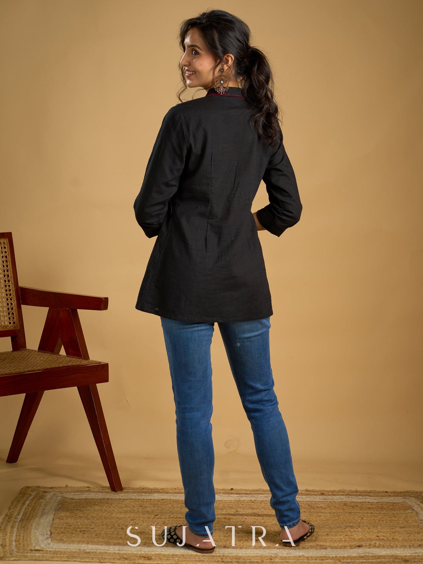 Traditional hand kalamkari designs on contrasting black cotton giving a  classic style - Pant optional