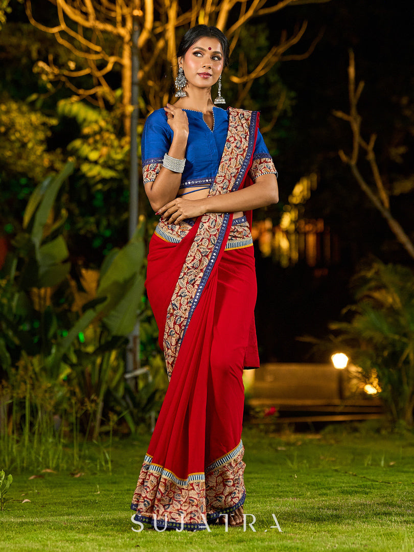 Poised Red Georgette Saree with Kalamkari & Indigo Border Highlighted with Mirror Lace Trim