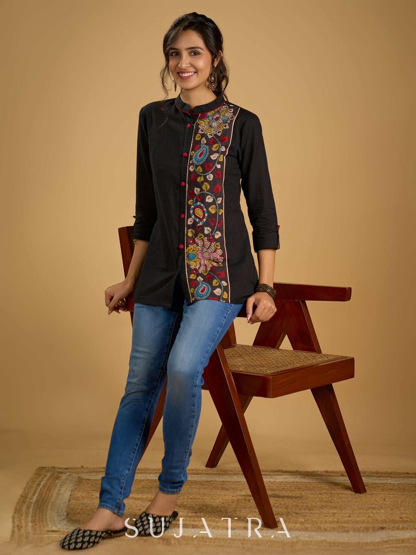 Traditional hand kalamkari designs on contrasting black cotton giving a  classic style - Pant optional