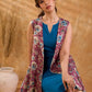 Antique Rose Botanical Floral Print Cotton Sleeveless Longline Jacket with Ivory Border