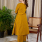 Vibrant Mustard Cotton Kurta with Olive Floral Print Yoke and Statement Tassel Embellishment