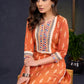 Stylish-Orange-Cotton-Ikat-Straight-Cut-Kurta-Highlighted-With-Hand-Painted-Yoke-&-Crochet-Lace--Pant-Optional