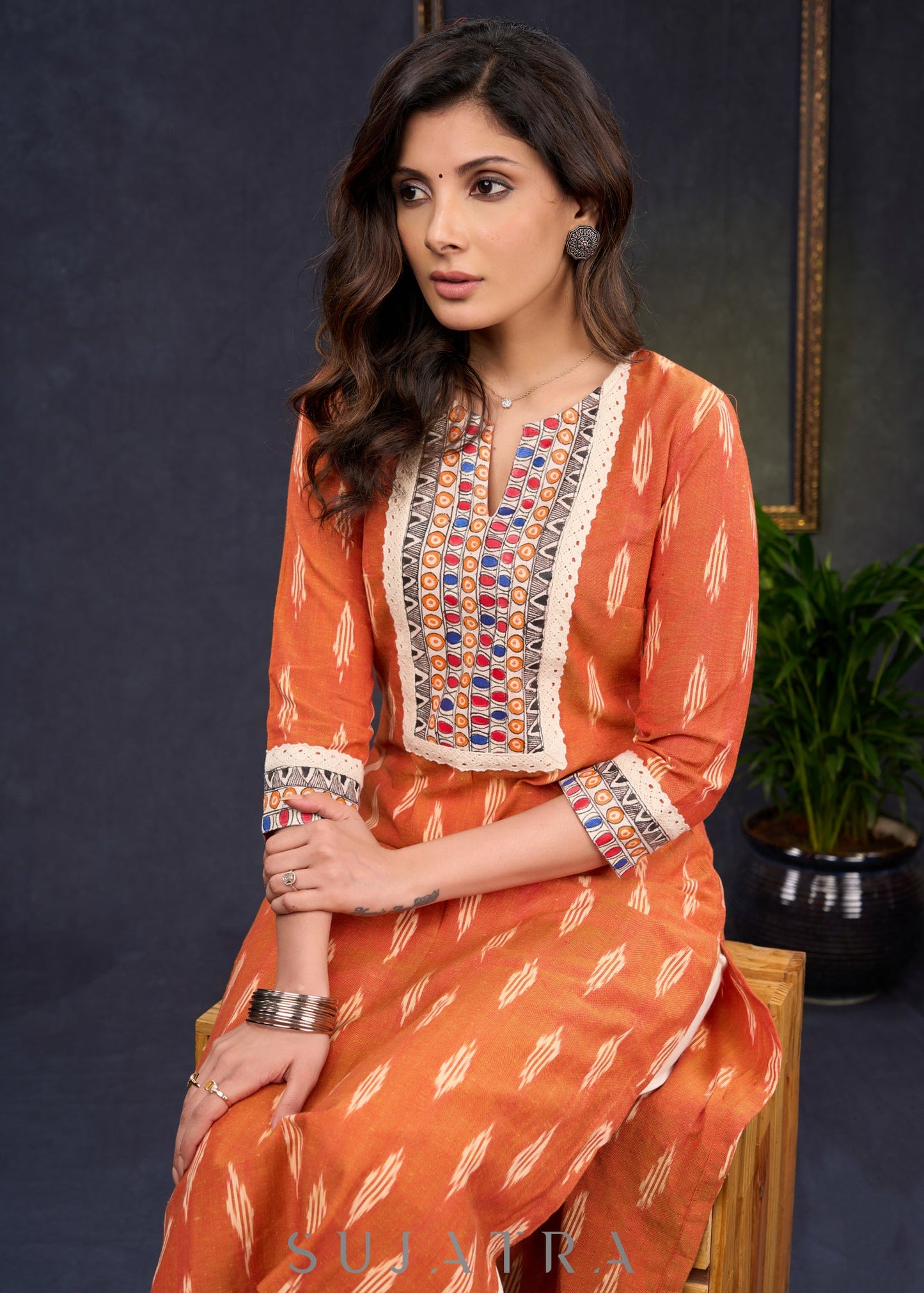 Stylish-Orange-Cotton-Ikat-Straight-Cut-Kurta-Highlighted-With-Hand-Painted-Yoke-&-Crochet-Lace--Pant-Optional