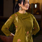 Contemporary Olive Green Cotton Hand Block Printed Overlapping Kurta with Floral Motifs