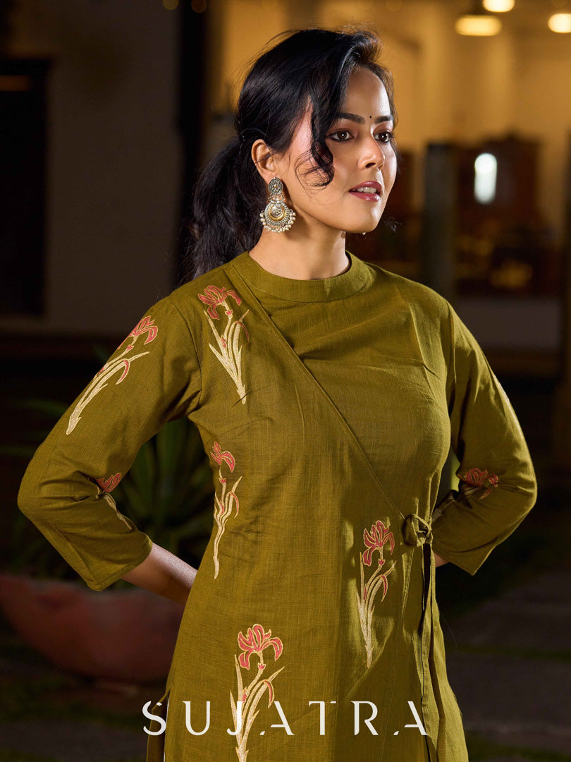 Contemporary Olive Green Cotton Hand Block Printed Overlapping Kurta with Floral Motifs