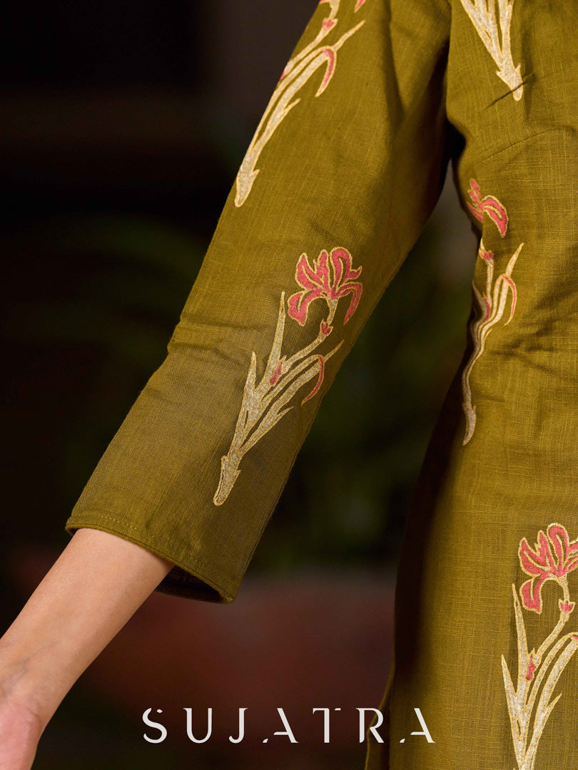 Contemporary Olive Green Cotton Hand Block Printed Overlapping Kurta with Floral Motifs