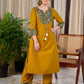 Vibrant Mustard Cotton Kurta with Olive Floral Print Yoke and Statement Tassel Embellishment