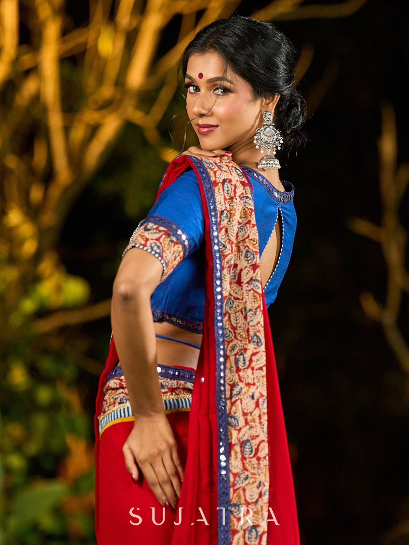 Poised Red Georgette Saree with Kalamkari & Indigo Border Highlighted with Mirror Lace Trim