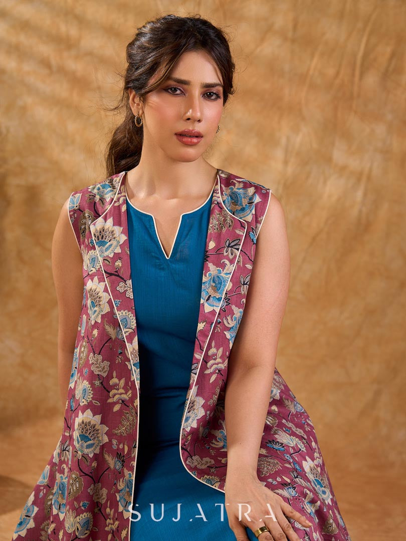 Antique Rose Botanical Floral Print Cotton Sleeveless Longline Jacket with Ivory Border