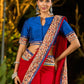 Poised Red Georgette Saree with Kalamkari & Indigo Border Highlighted with Mirror Lace Trim