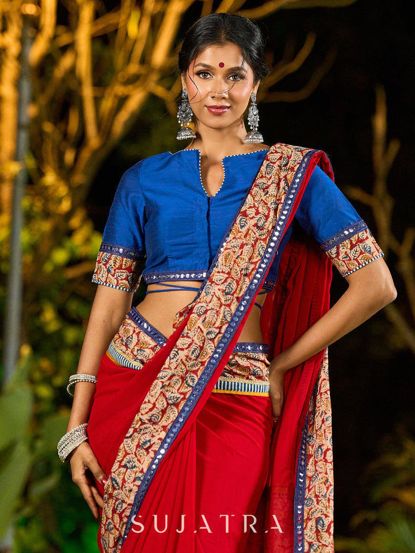 Poised Red Georgette Saree with Kalamkari & Indigo Border Highlighted with Mirror Lace Trim