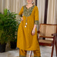 Vibrant Mustard Cotton Kurta with Olive Floral Print Yoke and Statement Tassel Embellishment