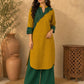 Classic Mustard & Forest Green Ikat Panelled Kurta with Diagonal Contrast Yoke & Cuff Band