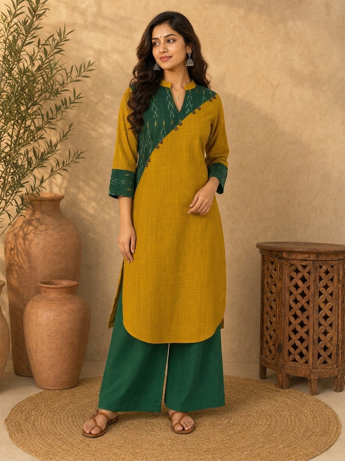 Classic Mustard & Forest Green Ikat Panelled Kurta with Diagonal Contrast Yoke & Cuff Band