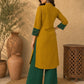 Classic Mustard & Forest Green Ikat Panelled Kurta with Diagonal Contrast Yoke & Cuff Band