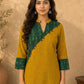 Classic Mustard & Forest Green Ikat Panelled Kurta with Diagonal Contrast Yoke & Cuff Band