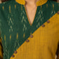 Classic Mustard & Forest Green Ikat Panelled Kurta with Diagonal Contrast Yoke & Cuff Band