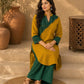 Classic Mustard & Forest Green Ikat Panelled Kurta with Diagonal Contrast Yoke & Cuff Band