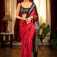 Red modal silk Bandhej saree with Ajrakh pallu and border