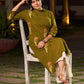 Contemporary Olive Green Cotton Hand Block Printed Overlapping Kurta with Floral Motifs