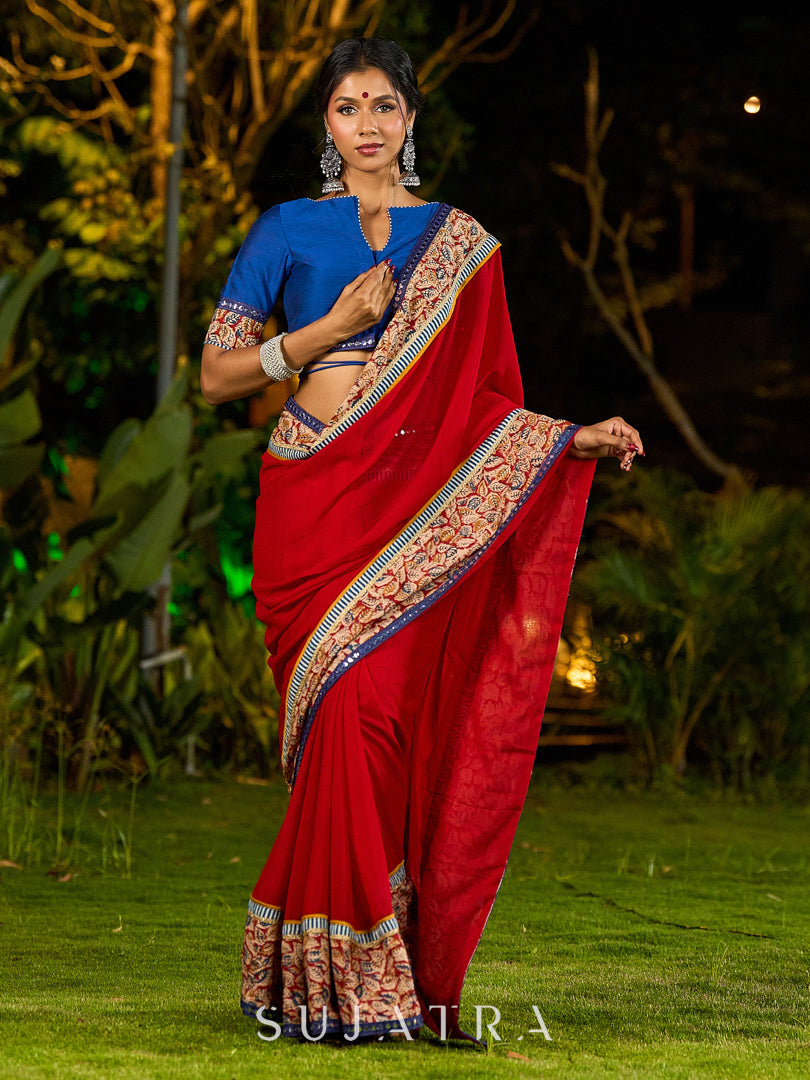 Poised Red Georgette Saree with Kalamkari & Indigo Border Highlighted with Mirror Lace Trim