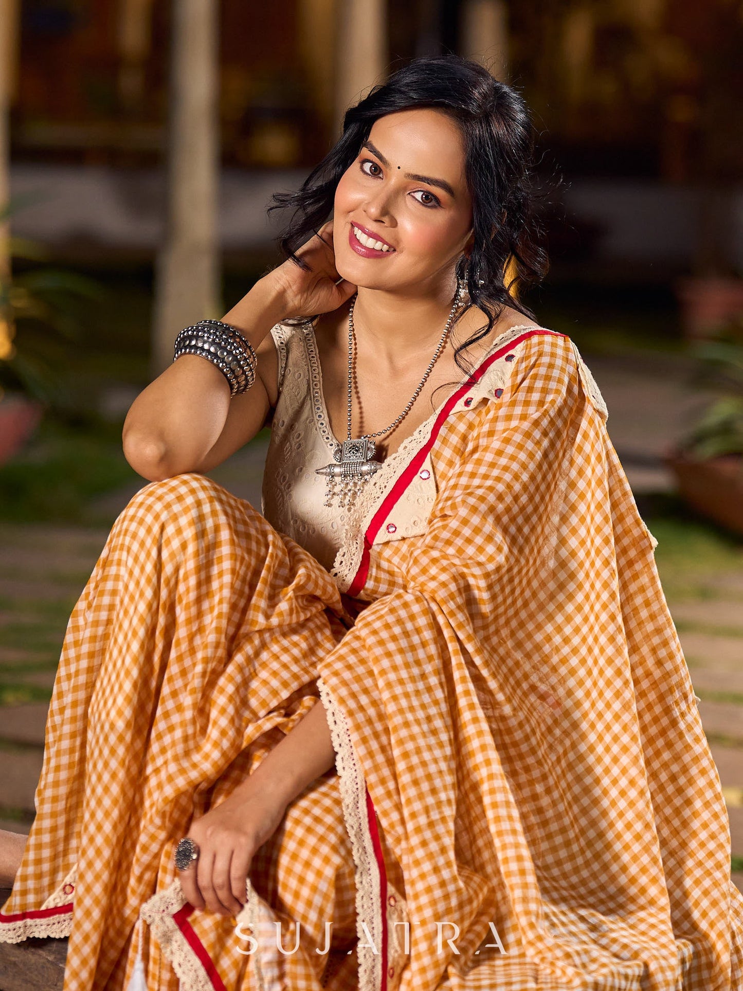 Handloom White & Mustard Checkered Cotton Saree with Delicate Crochet Border