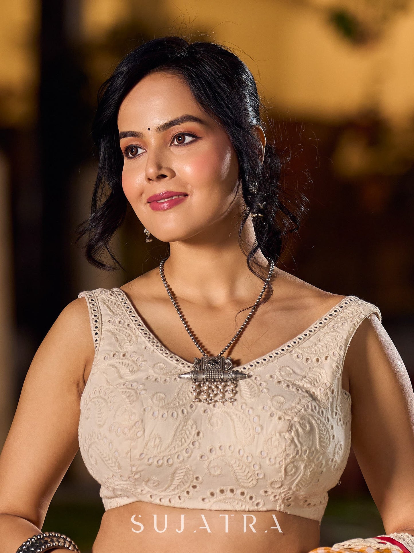 Handcrafted Off-White Pure Cotton Hakoba Blouse with Intricate Paisley Weaves and Mirror Work Lace