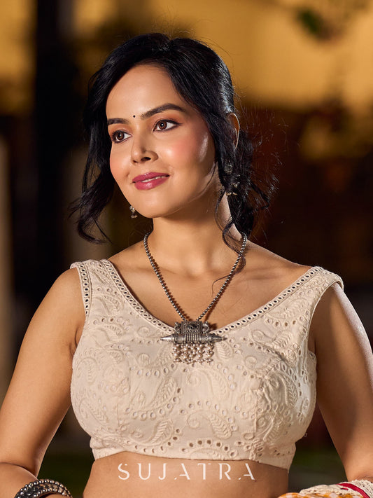 Ivory Hakoba Blouse with Paisley Design & Mirror Lace Embellishment