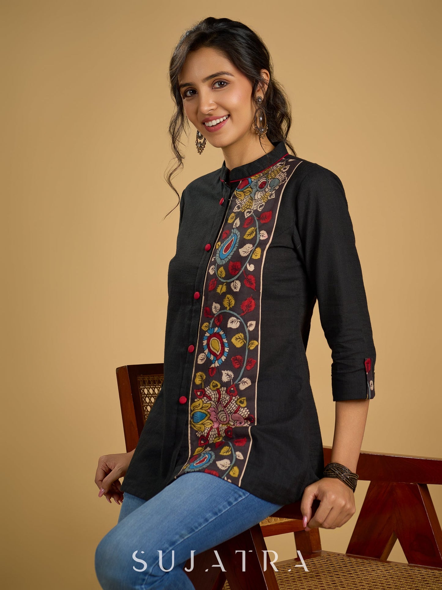 Traditional hand kalamkari designs on contrasting black cotton giving a  classic style - Pant optional