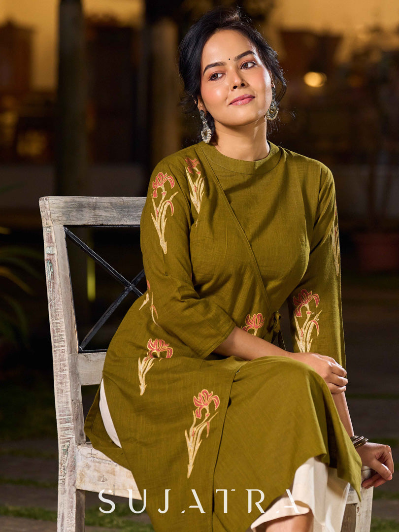 Contemporary Olive Green Cotton Hand Block Printed Overlapping Kurta with Floral Motifs